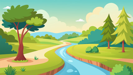 Obraz premium A serene stream runs through the greenery of the park providing the perfect sketching subject for an artist on a sunny day.. Vector illustration
