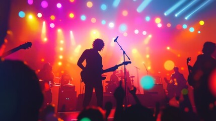Naklejka premium Vibrant Concert Scene with Silhouetted Musicians Against Colorful Lights