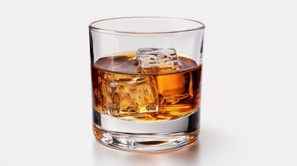 Whiskey rocks glass studio shot, ice cubes, white background, beverage advertisement