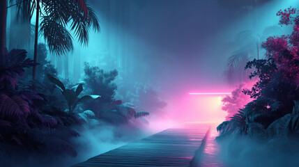 Obraz premium misty jungle path is illuminated by neon purple and blue lights