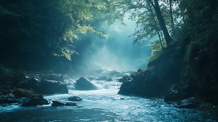 Sunlight Illuminates a Serene River Flowing Through a Dense Green Forest