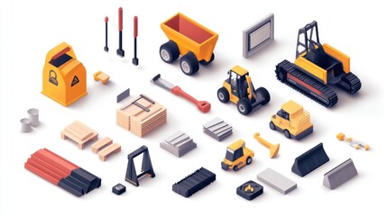 Obraz premium Isometric Construction Site Equipment & Tools