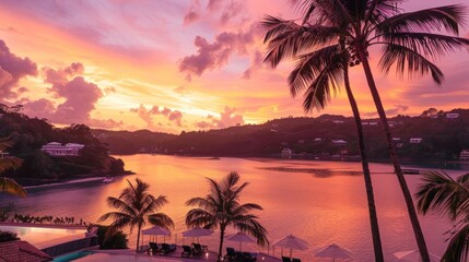 Fototapeta premium Sunset over tropical bay resort view