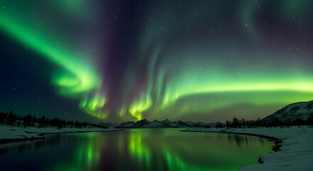 A mesmerizing aurora borealis display over a tranquil lake at night with snowy landscape views