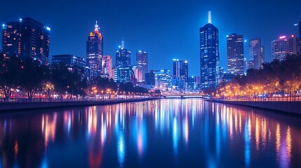 Naklejka premium Melbourne’s skyline lights beautifully reflect on the calm waters of the Yarra River at night, creating a vibrant cityscape with color and urban energy.