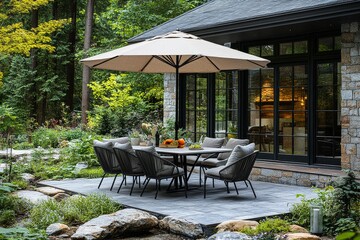Obraz premium Outdoor dining set with umbrella, black frame, white glass-top table, and gray cushioned chairs on the patio.