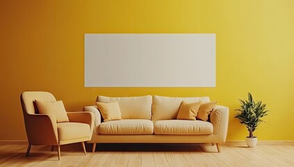 Empty room, beige couch, yellow wall