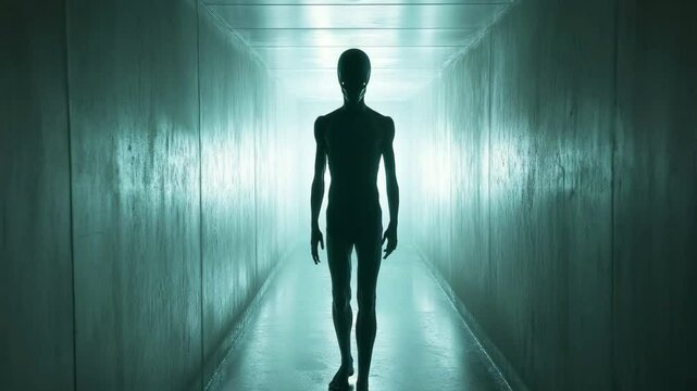 Mysterious silhouette walking down a luminous corridor in eerie sequence