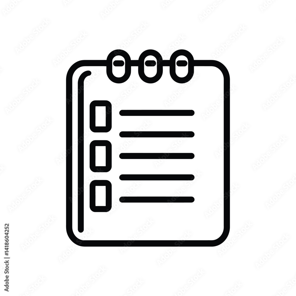 Poster note pad icon with rings and checkmarks, outline style on transparent background