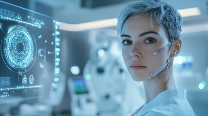 Futuristic Medical Scene With Cybernetic Woman In Lab Doctor Room For Copy