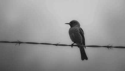 Solitary bird on wire, high contrast, black and white fine art style