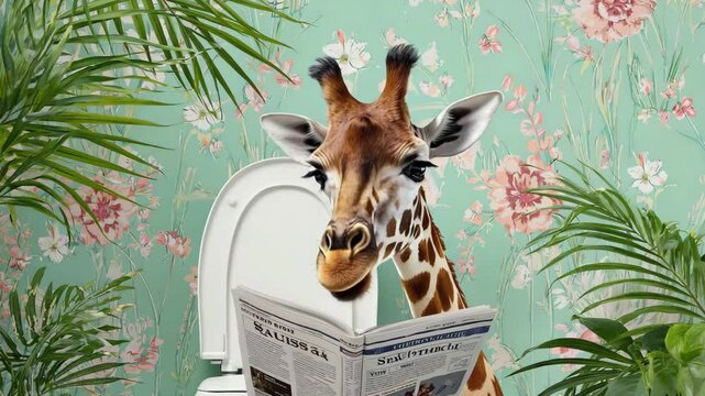 Quirky giraffe reads in floral bathroom with tropical vibes