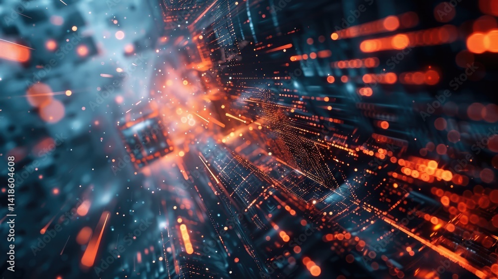 Poster abstract depiction of a digital network with blue and red lights. digital artwork of glowing red ele