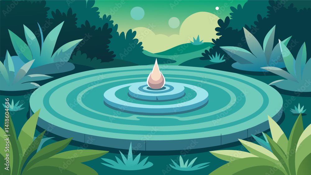 Poster a tranquil water feature in a garden each ripple in the pond reflecting the movement of the surround