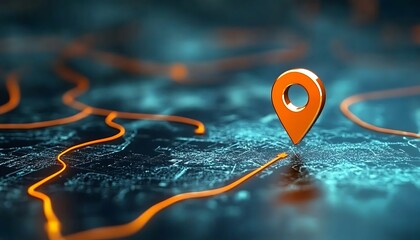 Modern tech roadmap. Orange marker shows direction of tech improvement. Future plan for upgrades, software implementation. Investment strategy for future innovation. Focus on tech infrastructure