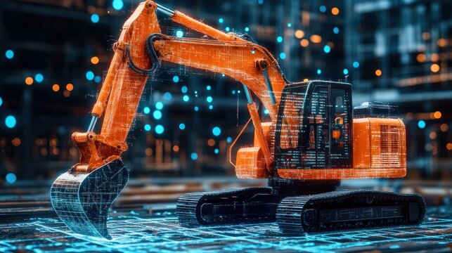 Digital excavator on construction site