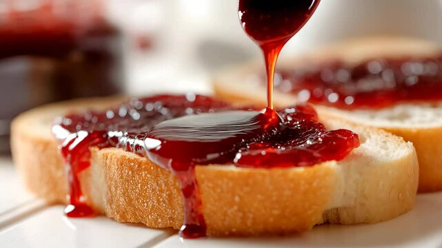 Close-up of strawberry jam being poured on a slice of bread, sweet red syrup dripping in a delicious breakfast scene, ultra realistic food photography