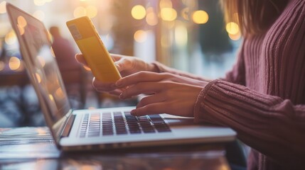 Young woman order or purchase product on internet using laptop and make transaction payment by smartphone. Online shopping lifestyle with credit card via internet banking on mobile application. Blithe