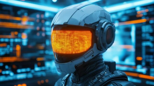 Futuristic Humanoid Robot With Glowing Orange Digital Visor Against Modern High-Tech Background