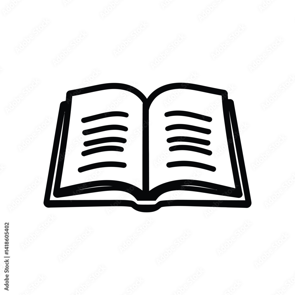 Poster open book line art icon with text pages, minimalist design on transparent bg