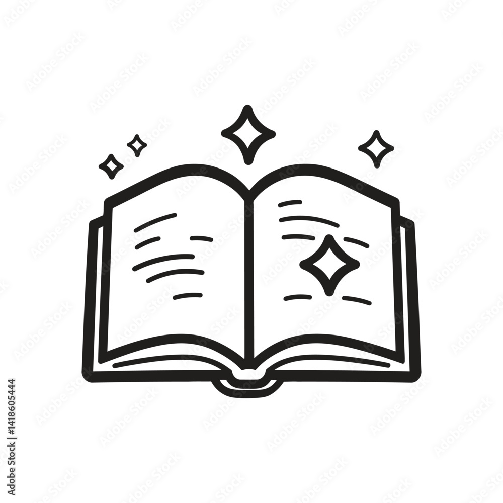 Poster open book line art with sparkling stars and transparent background