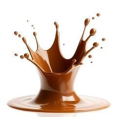 Hot caramel liquid splash action isolated on white background. Liquid movement in dynamic shape. Abstract fluid form. Caramel splash with crown-like shape. Detailed close-up view of tasty, creamy 