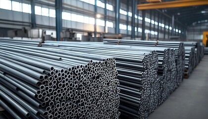 Bundled aluminum rods organized in warehouse await remelting to produce foil, alloys, metal products in metallurgy industry. Ferric raw material supply storage on factory. 