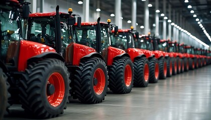 New red tractors lined up in row at factory. Precise lineup agricultural machinery showcasing latest advancements farming tech. Heavy industrial equipment for agribusiness. Tractor exhibition,