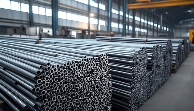 Bundled aluminum rods organized in warehouse await remelting to produce foil, alloys, metal products in metallurgy industry. Ferric raw material supply storage on factory. 