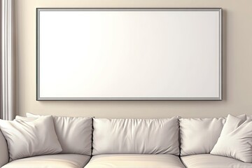 Blank framed art piece on beige wall, cream couch