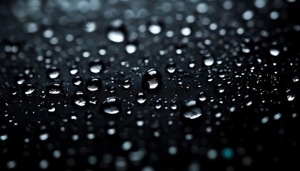 Close-up view of water droplets on dark surface. Small water circles reflect light. Abstract pattern of water drops. Detailed macro shot of water droplets on dark background. Perfect for texture, 