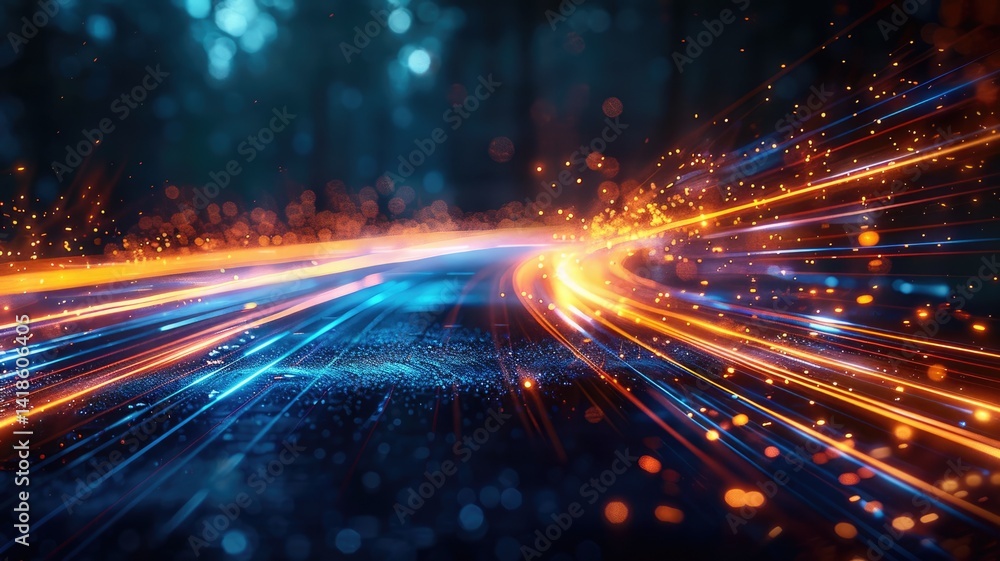 Poster dynamic light burst with blue and orange particles on a dark background. digital art for design and 