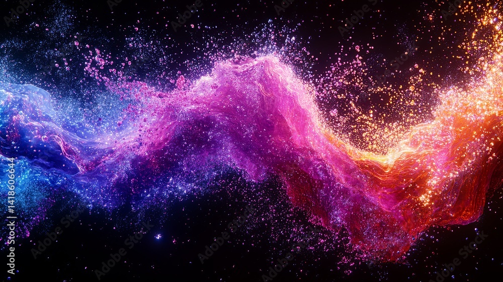 Poster colorful abstract wave with glittering particles in deep space at cosmic scale