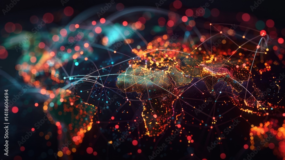 Poster this abstract digital artwork showcases a vibrant representation of global supply networks, highligh