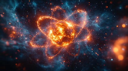 Fototapeta premium Fiery Atomic Nucleus in Cosmic Nebula: A Stunning Visual Representation of Energy and the Universe