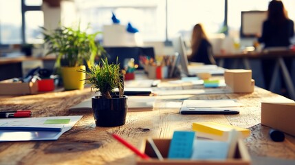 Office desk with plants and office supplies in focus with two people working in the background