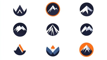 Nine mountain icons with varied styles on white for travel or outdoor design