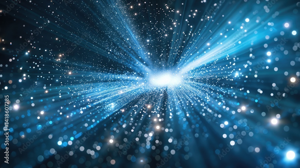 Poster spectacular light beams diverge from a central point, creating a mesmerizing cosmic effect with glow