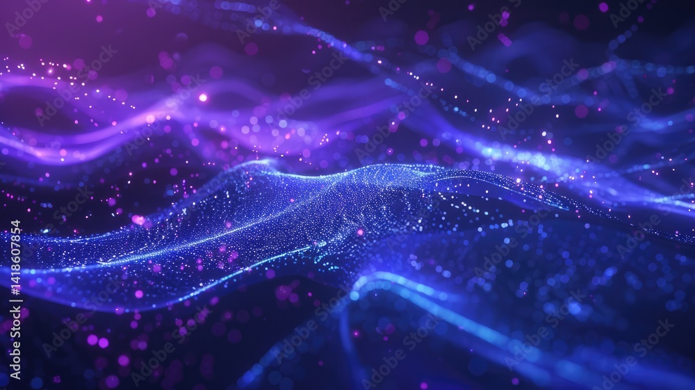 Poster abstract digital wave patterns with sparkles and bokeh. digital artwork of pastel gradient purple an