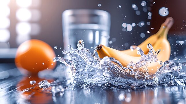 Fresh bananas and an orange splash into water beside a glass, creating a vibrant scene