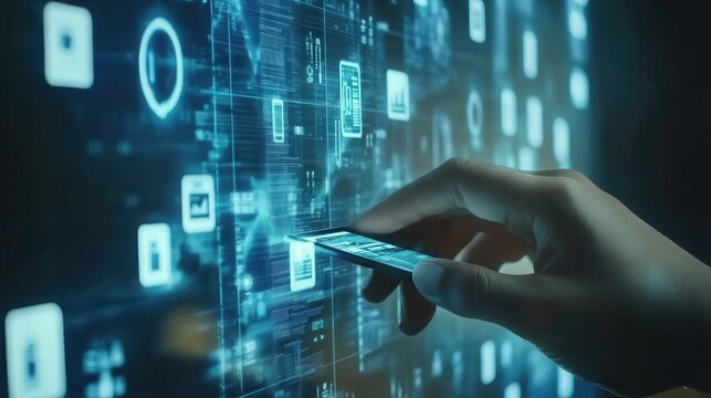 Digital Banking and Financial Technology Concept. A person presents digital banking and financial technology icons, and currency symbols, emphasizing modern online payment systems and e-commerce. - Powered by Adobe