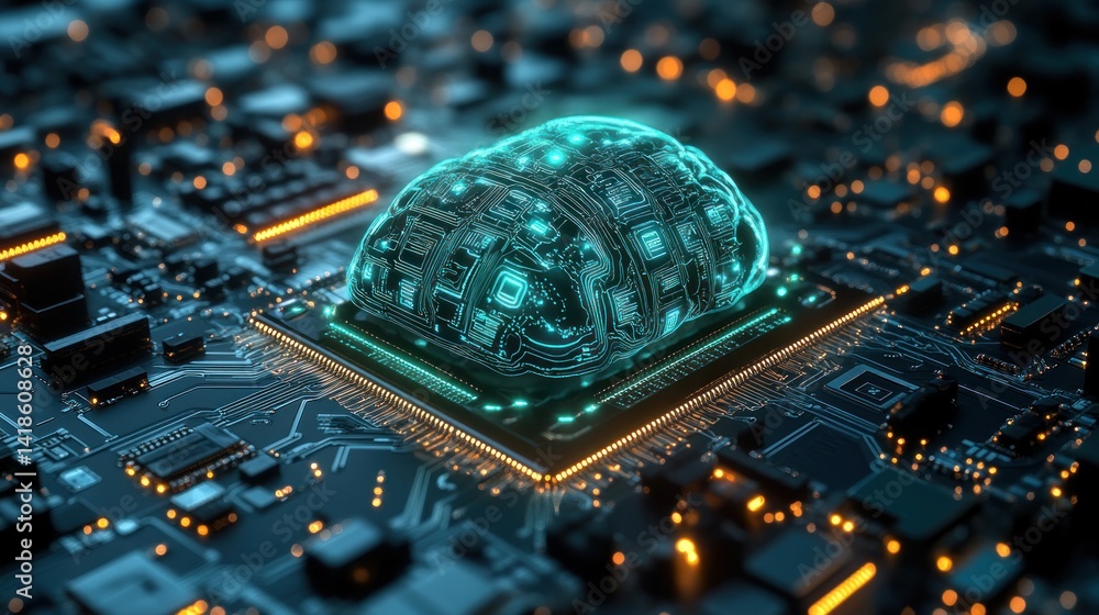 Poster artificial intelligence: brain in circuit board