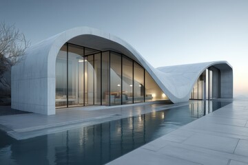 Obraz premium Modern White Curved Building with Reflecting Pool and Mountain Views