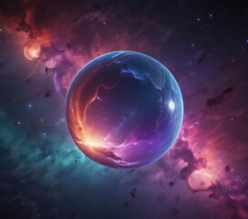 Fototapeta premium Floating luminescent sphere, vibrant nebula backdrop , planets, art
