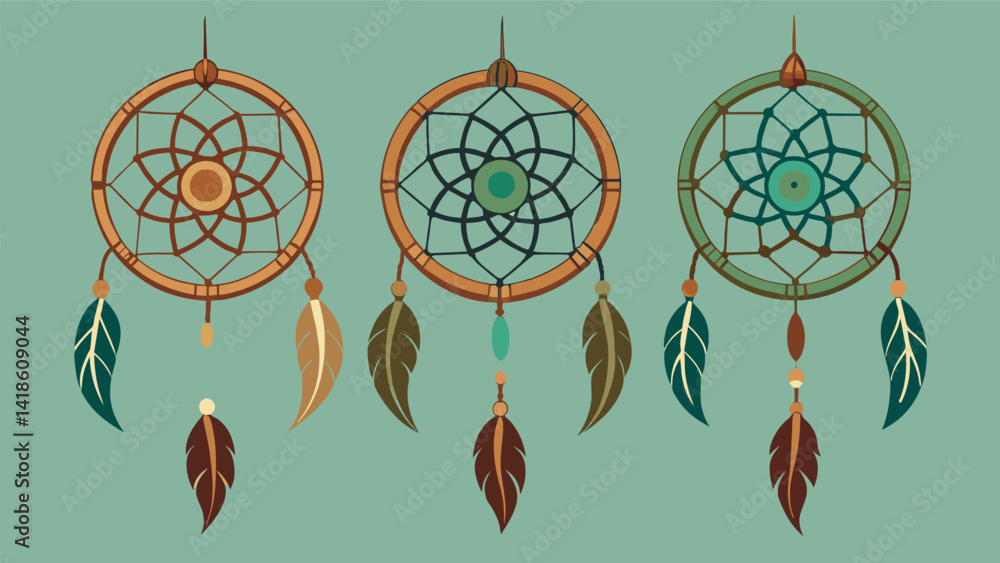 Poster a trio of intricate dreamcatchers woven from branches sinew and feathers each one uniquely patterned