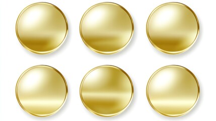 Six gold circular buttons; website design elements; white background; app interface