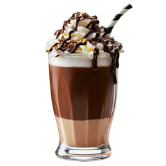 Glass of chocolate milkshake with a spoon on a wooden table against a neutral background isolated on a white background,