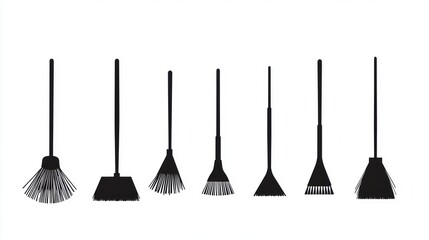 Naklejka premium Broom types, cleaning tools, white background, cleaning supplies, website illustration