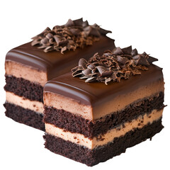 Chocolate cake slice with rich chocolate frosting on a white plate ready to be served isolated on a white background,