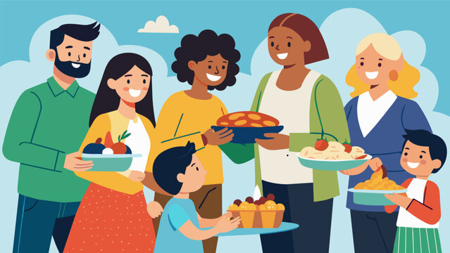 A gathering of families and friends as they bring their signature dishes to share and bond over at the annual potluck community dinner.. Vector illustration